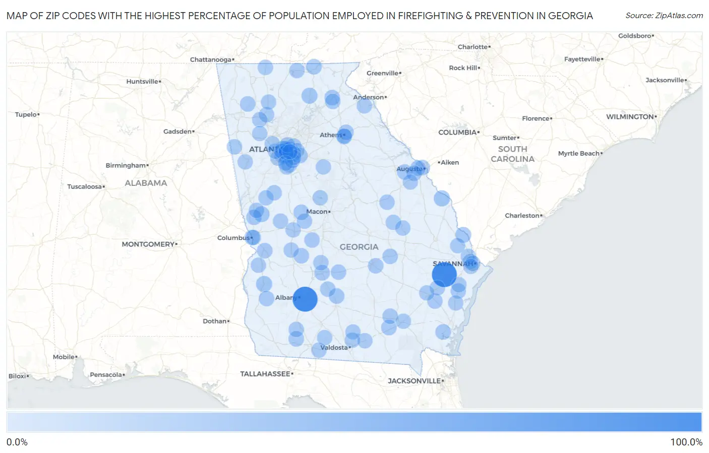Zip Codes with the Highest Percentage of Population Employed in Firefighting & Prevention in Georgia Map