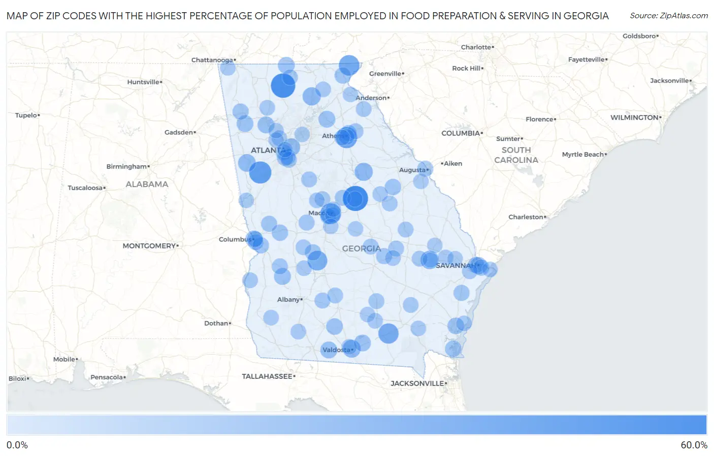 Zip Codes with the Highest Percentage of Population Employed in Food Preparation & Serving in Georgia Map