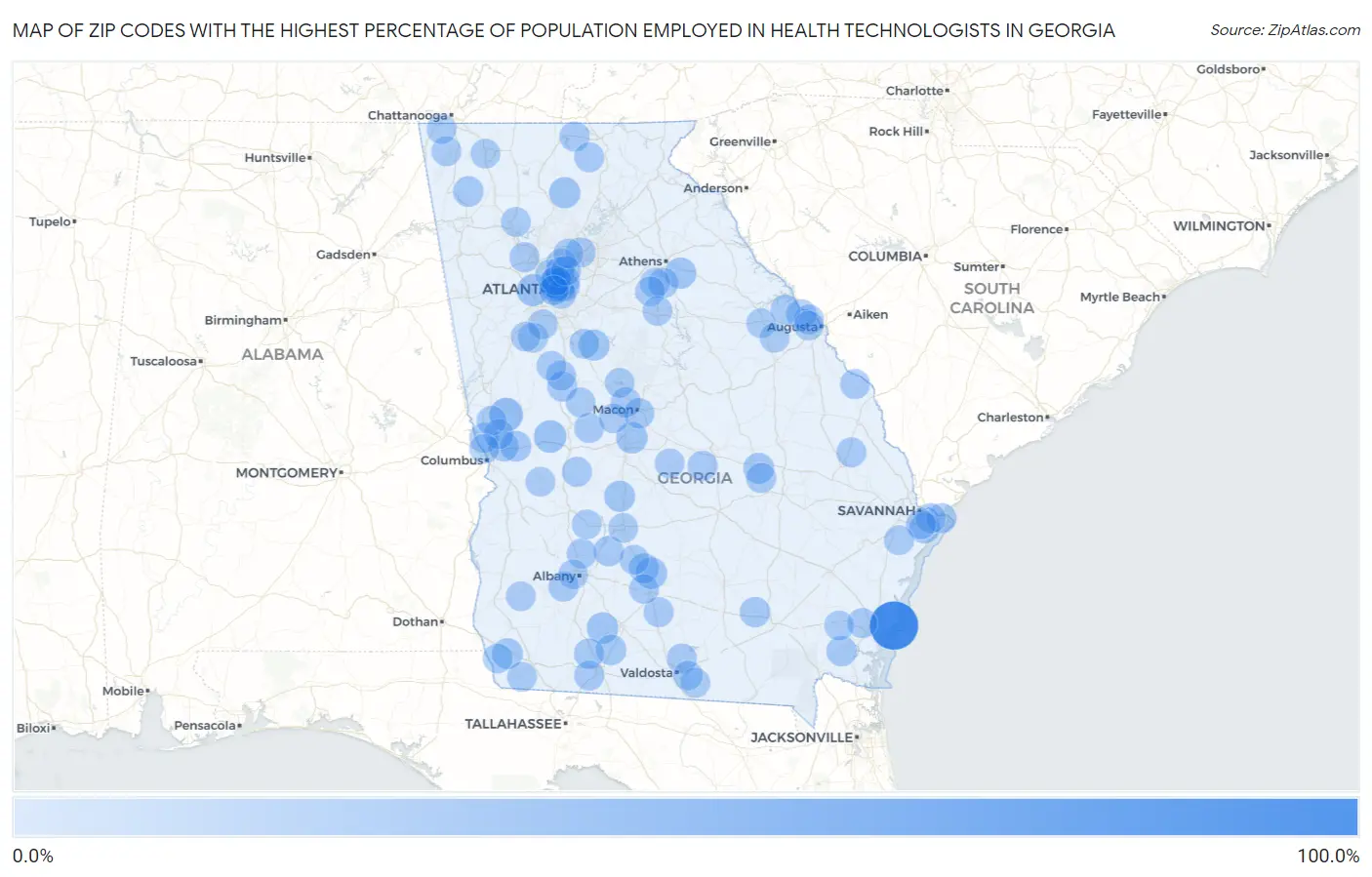 Zip Codes with the Highest Percentage of Population Employed in Health Technologists in Georgia Map