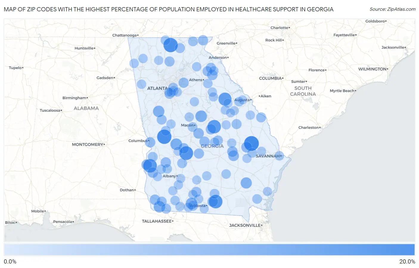 Zip Codes with the Highest Percentage of Population Employed in Healthcare Support in Georgia Map