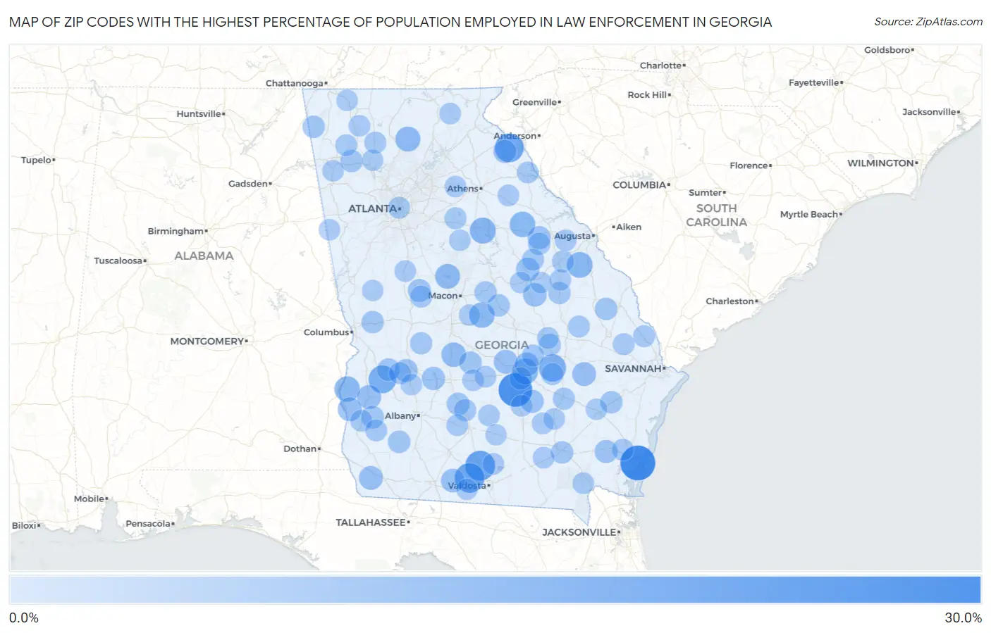 Zip Codes with the Highest Percentage of Population Employed in Law Enforcement in Georgia Map