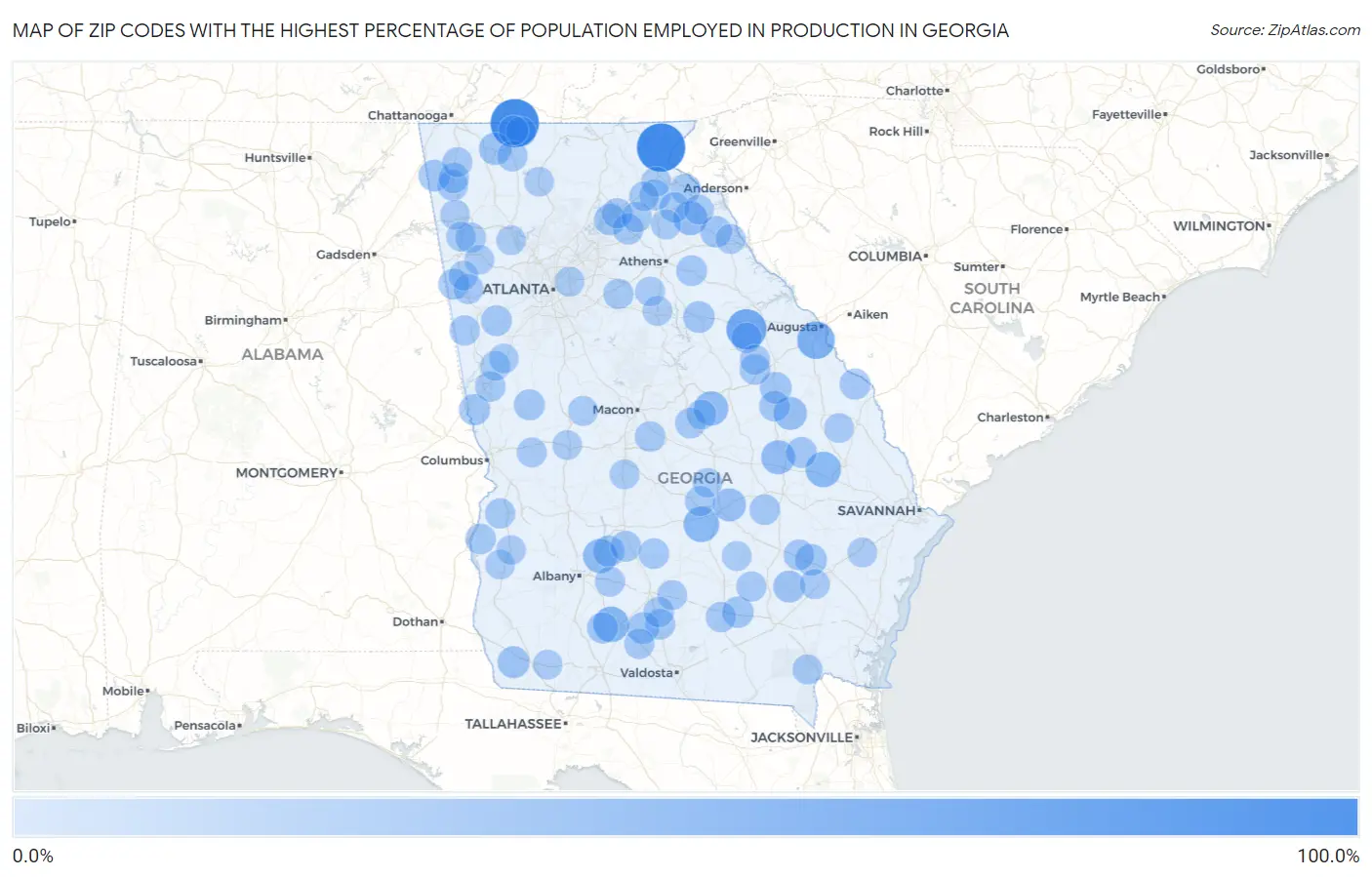 Zip Codes with the Highest Percentage of Population Employed in Production in Georgia Map