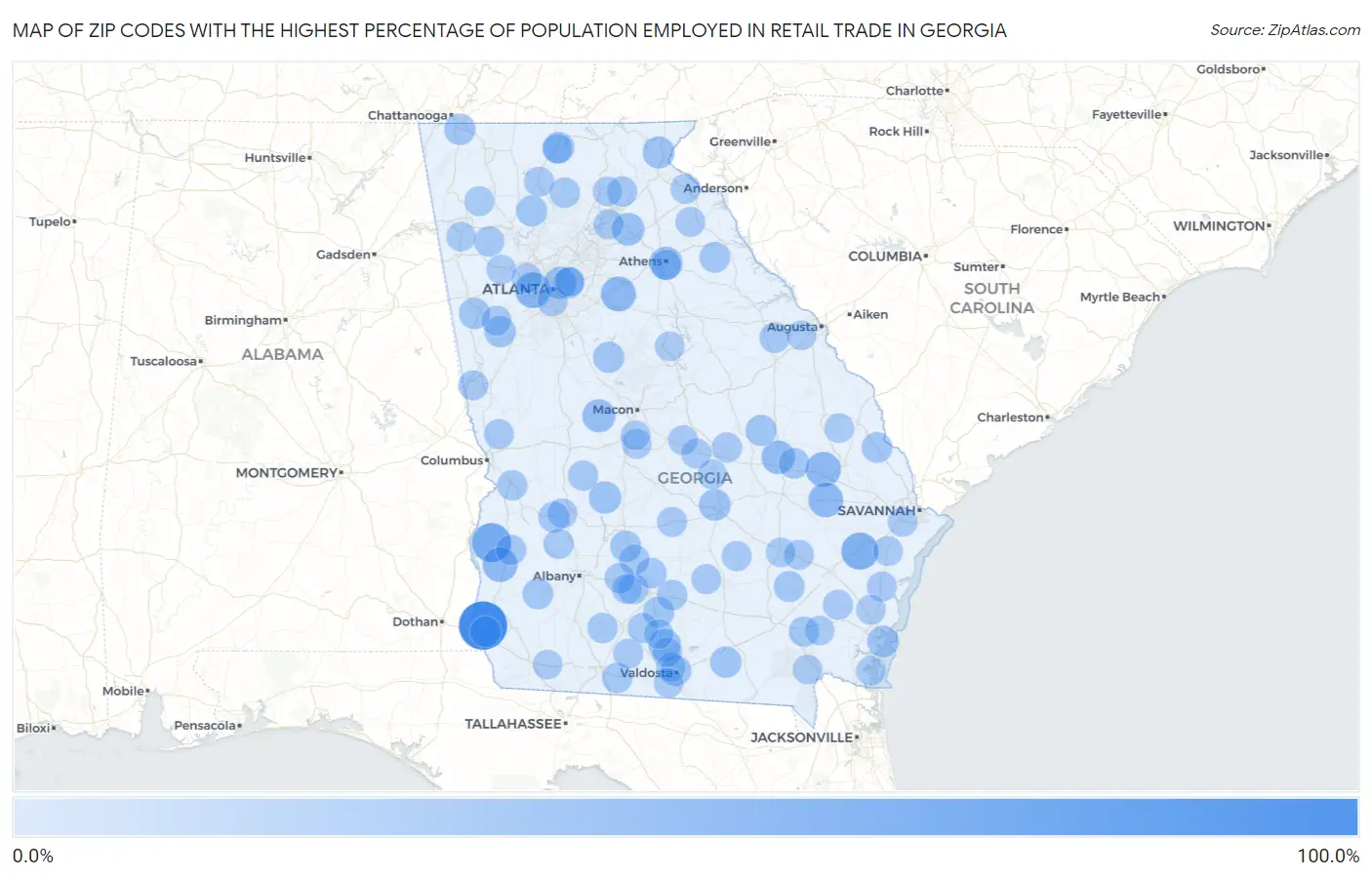 Zip Codes with the Highest Percentage of Population Employed in Retail Trade in Georgia Map