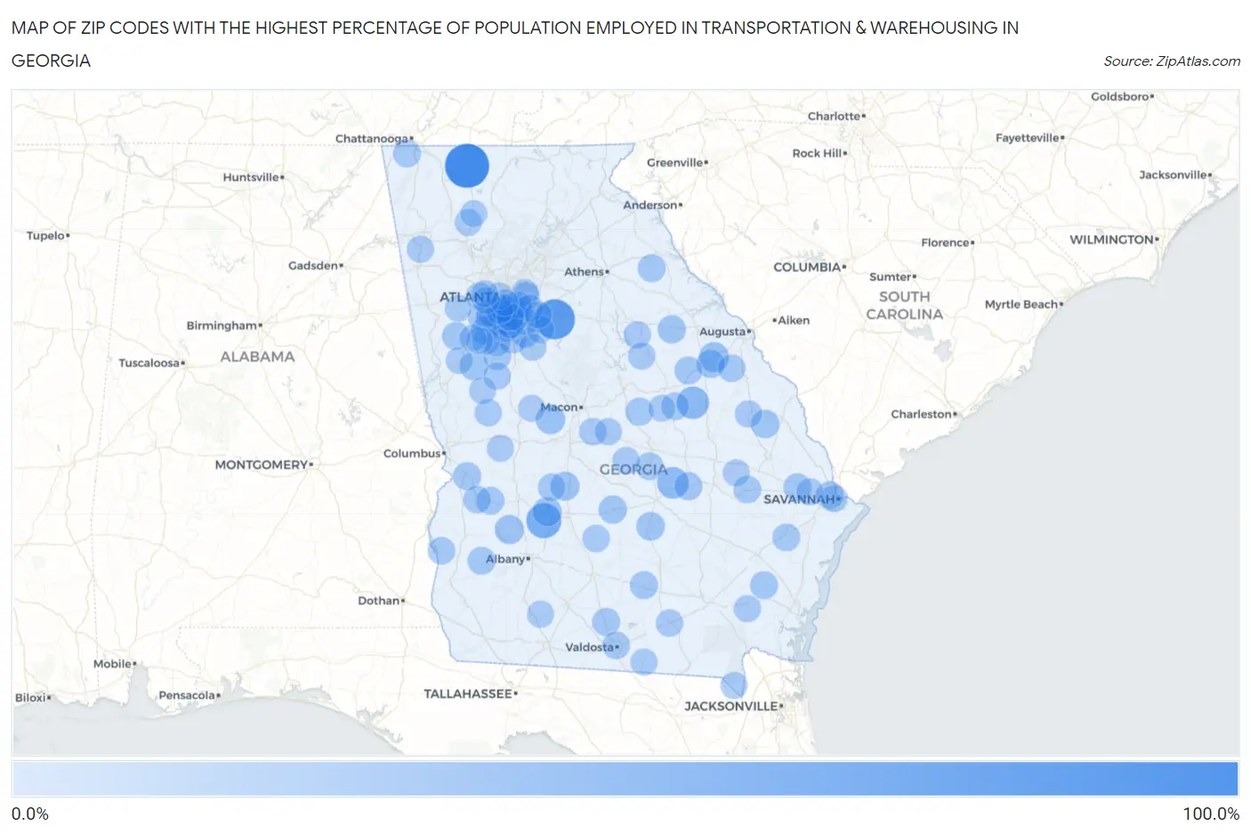 Zip Codes with the Highest Percentage of Population Employed in Transportation & Warehousing in Georgia Map