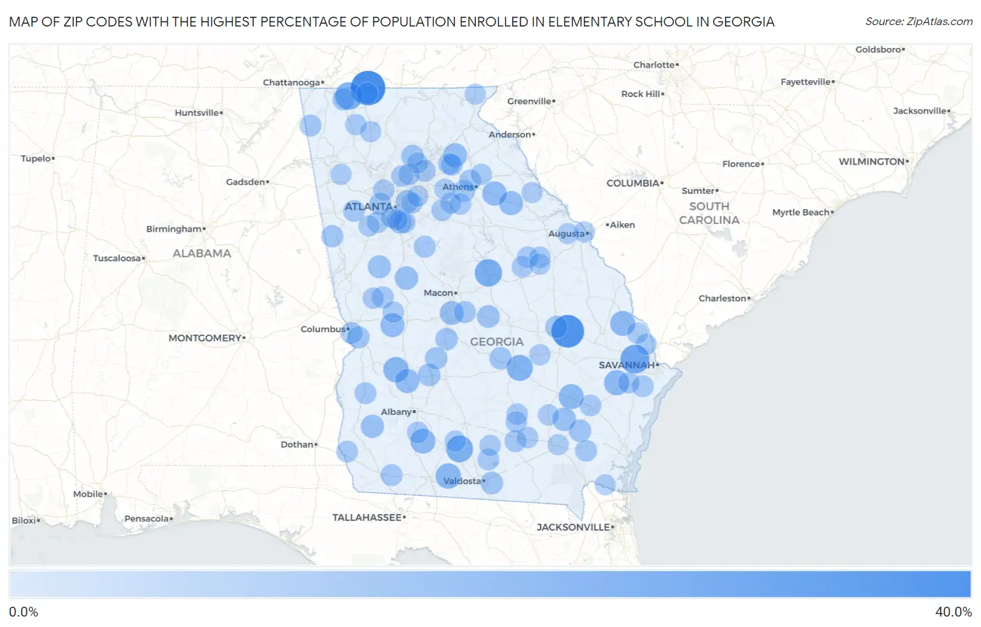 Zip Codes with the Highest Percentage of Population Enrolled in Elementary School in Georgia Map