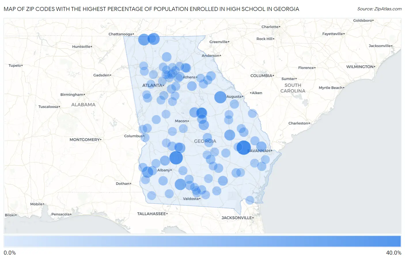 Zip Codes with the Highest Percentage of Population Enrolled in High School in Georgia Map