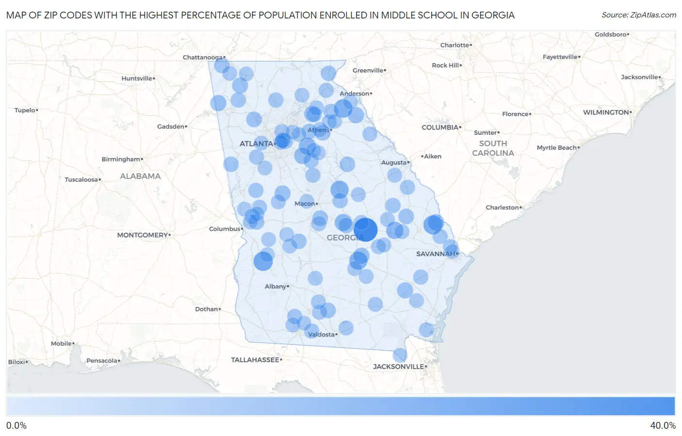 Zip Codes with the Highest Percentage of Population Enrolled in Middle School in Georgia Map