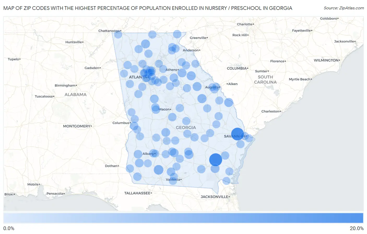 Zip Codes with the Highest Percentage of Population Enrolled in Nursery / Preschool in Georgia Map