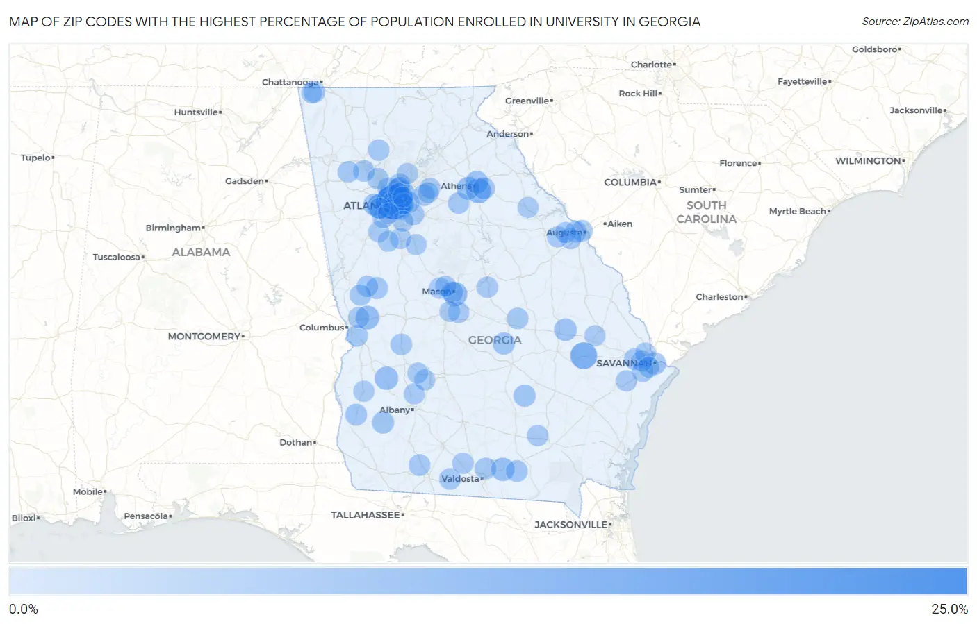Zip Codes with the Highest Percentage of Population Enrolled in University in Georgia Map