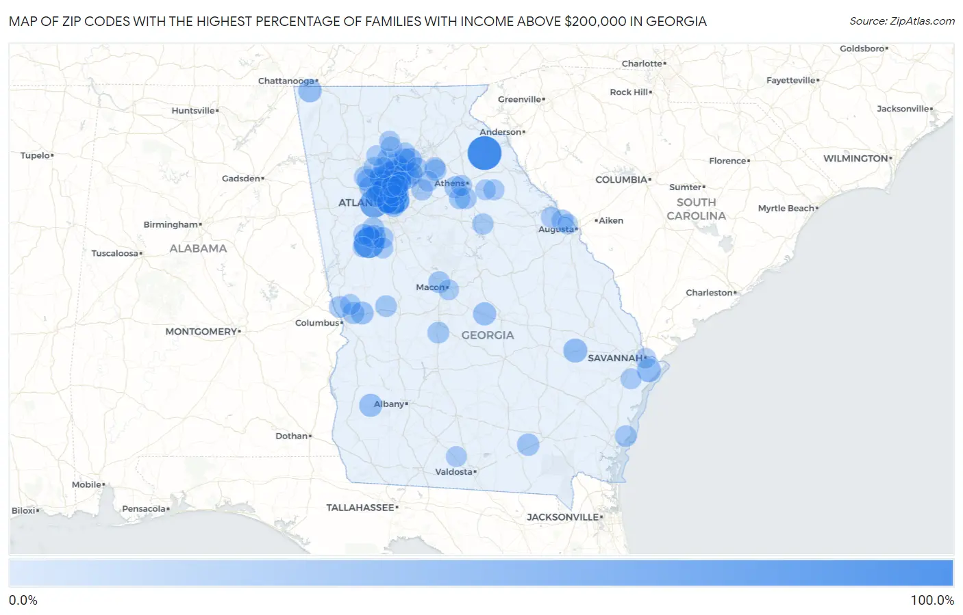 Zip Codes with the Highest Percentage of Families with Income Above $200,000 in Georgia Map
