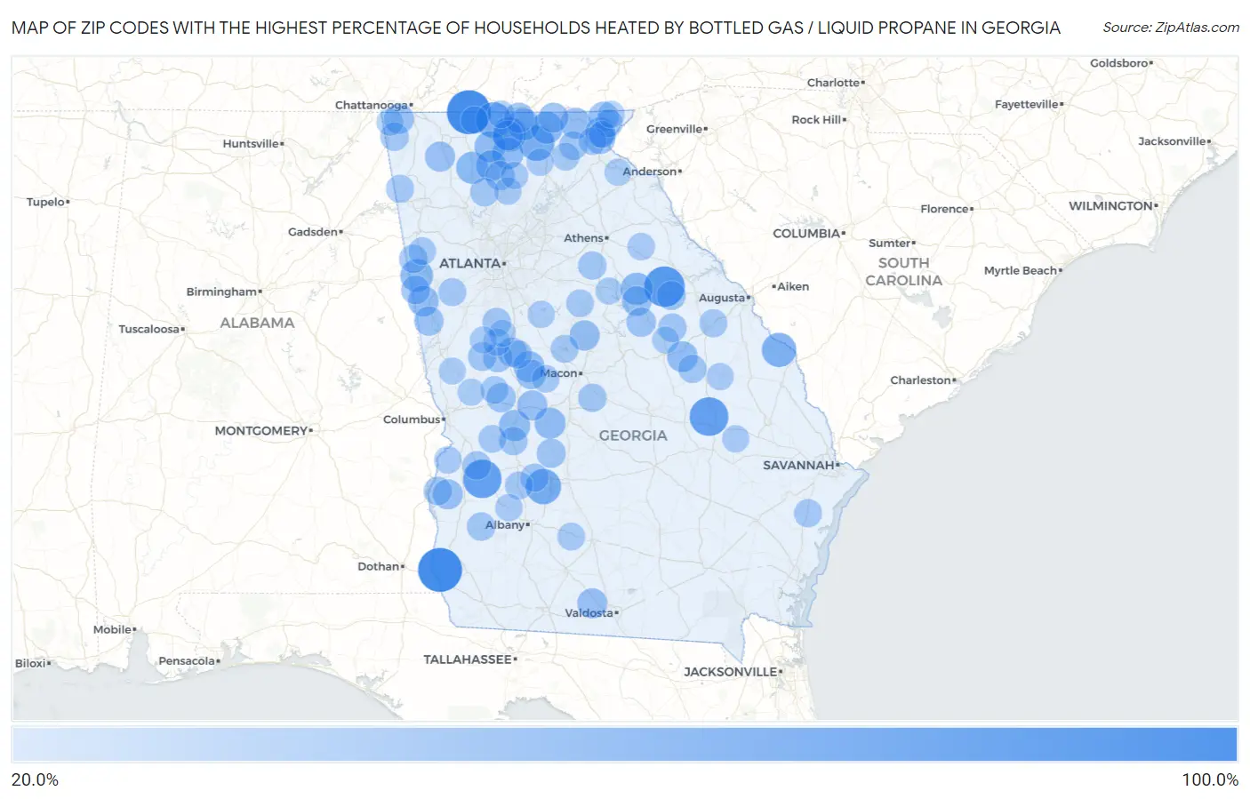 Zip Codes with the Highest Percentage of Households Heated by Bottled Gas / Liquid Propane in Georgia Map