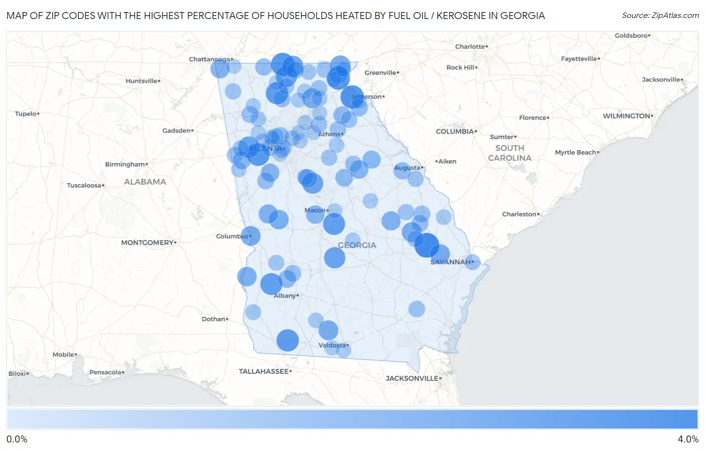 Zip Codes with the Highest Percentage of Households Heated by Fuel Oil / Kerosene in Georgia Map