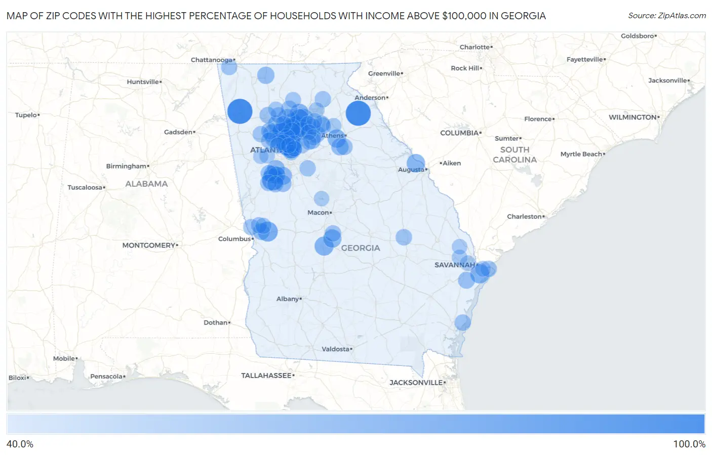 Zip Codes with the Highest Percentage of Households with Income Above $100,000 in Georgia Map