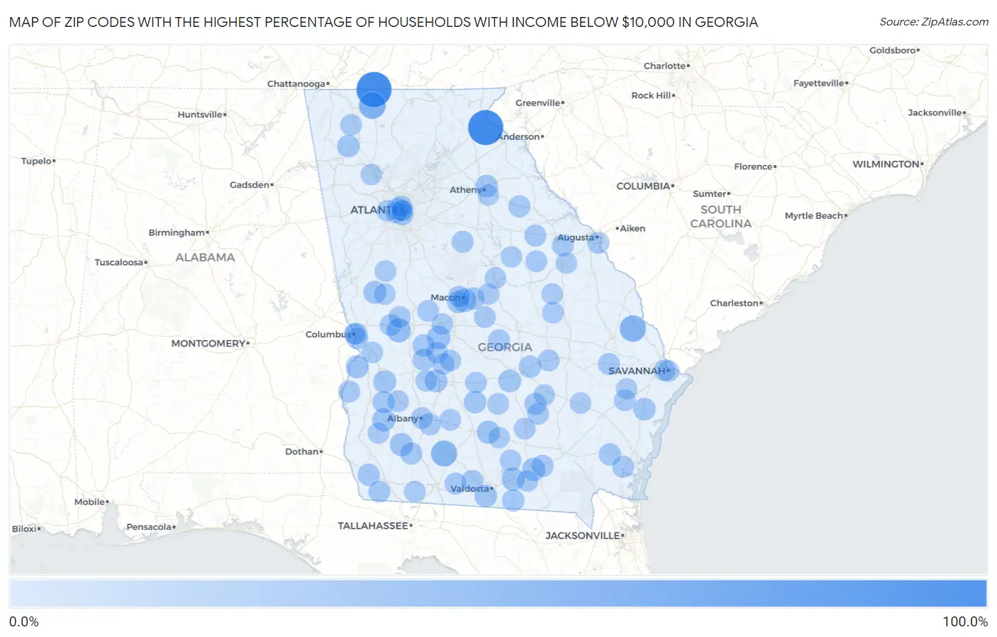 Zip Codes with the Highest Percentage of Households with Income Below $10,000 in Georgia Map