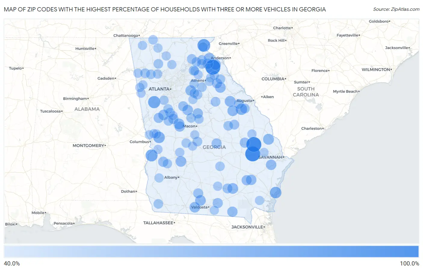 Zip Codes with the Highest Percentage of Households With Three or more Vehicles in Georgia Map