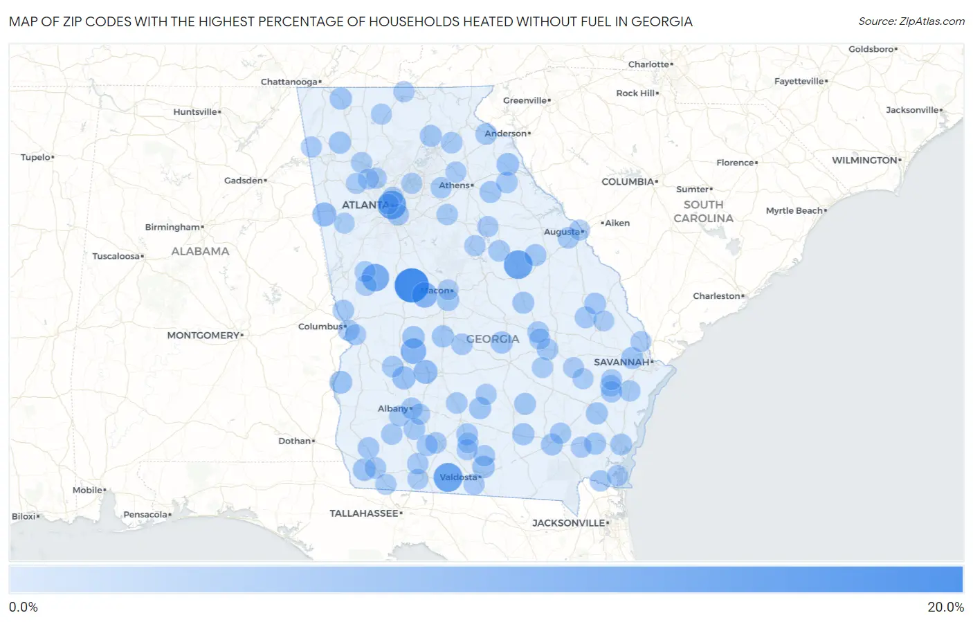 Zip Codes with the Highest Percentage of Households Heated without Fuel in Georgia Map