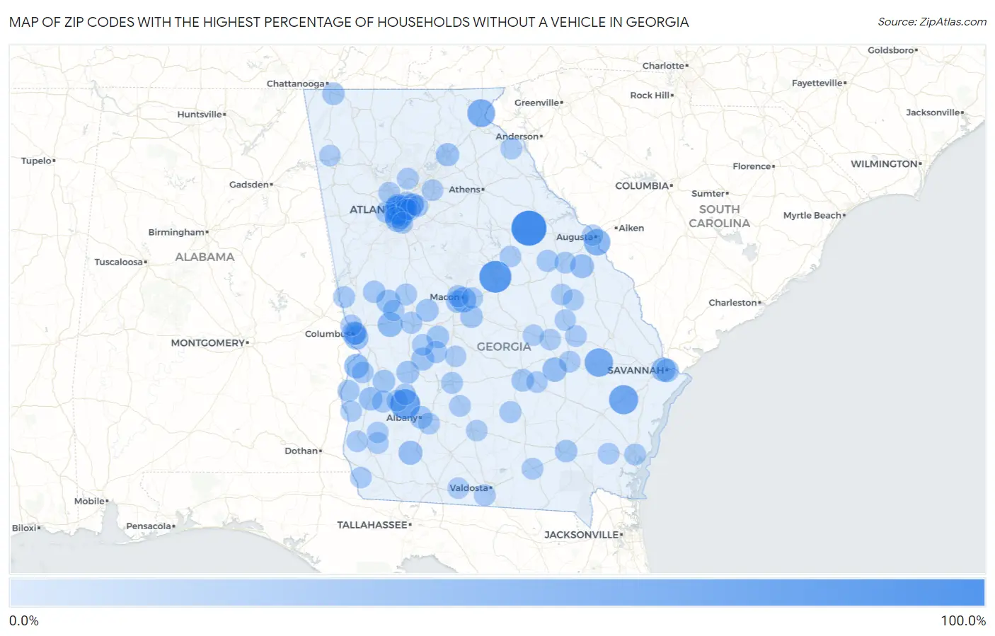 Zip Codes with the Highest Percentage of Households Without a Vehicle in Georgia Map