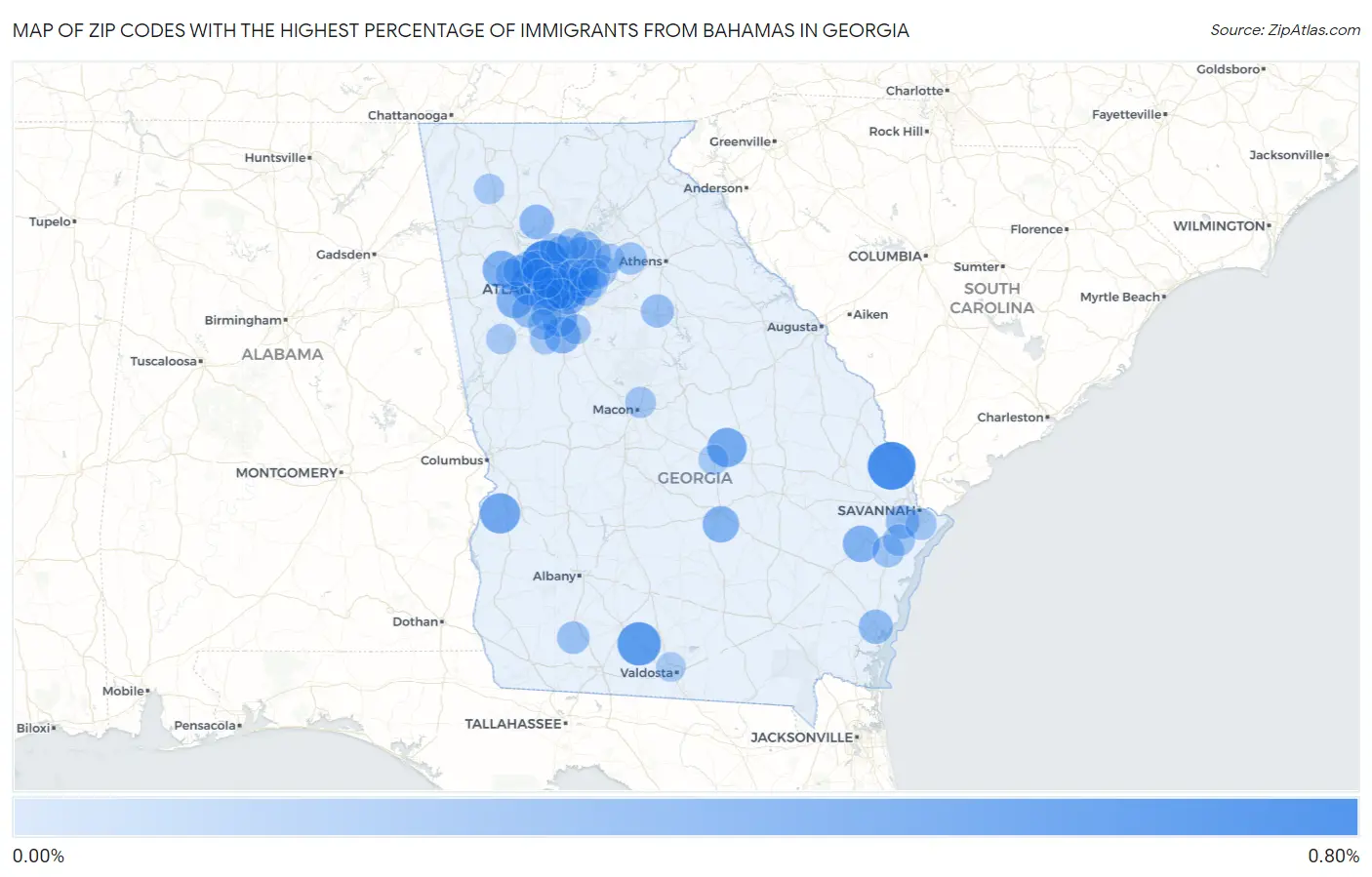 Zip Codes with the Highest Percentage of Immigrants from Bahamas in Georgia Map
