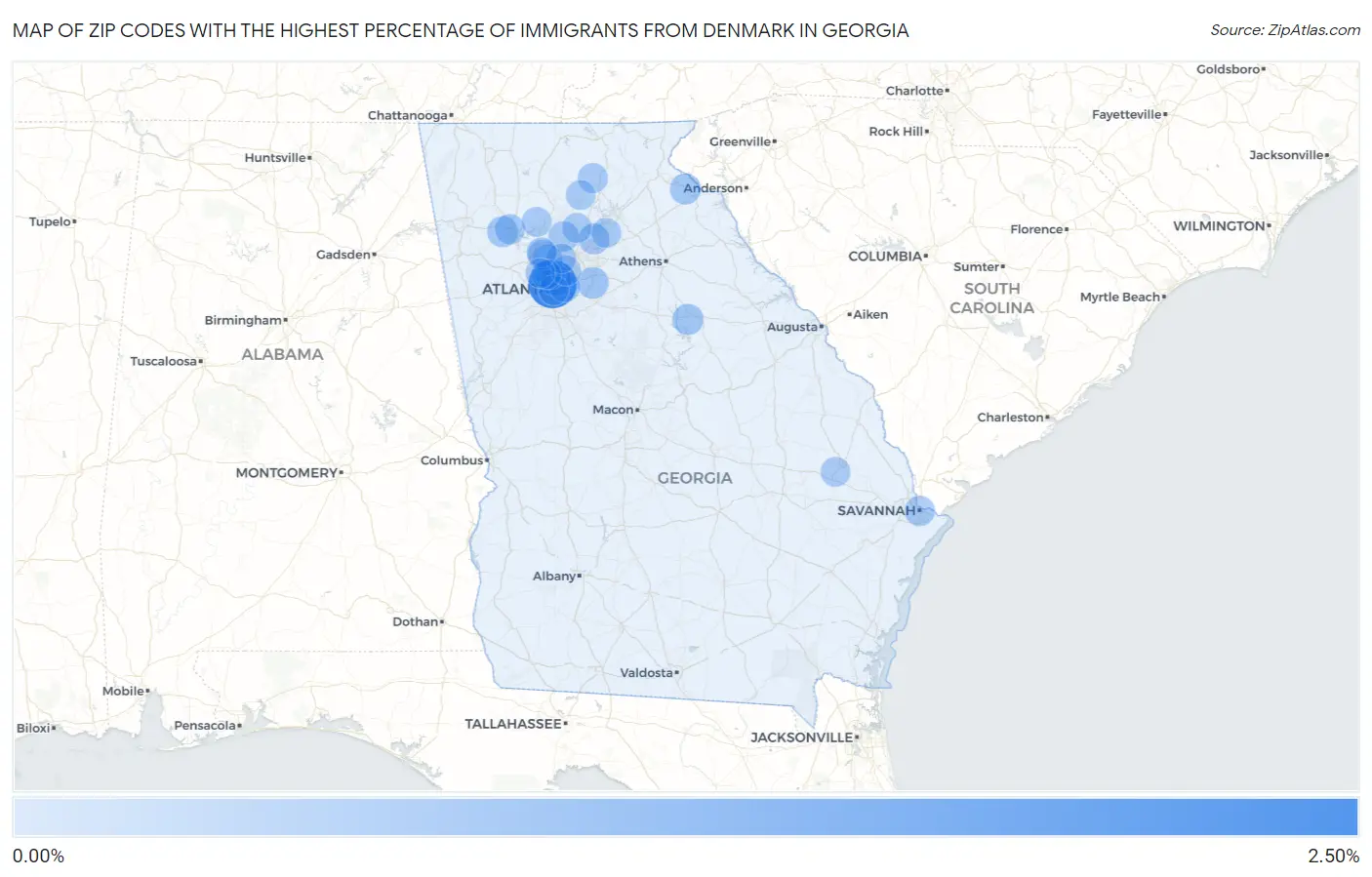 Zip Codes with the Highest Percentage of Immigrants from Denmark in Georgia Map