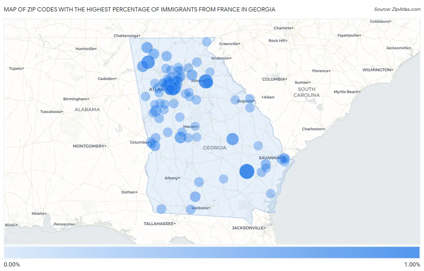 Zip Codes with the Highest Percentage of Immigrants from France in Georgia Map