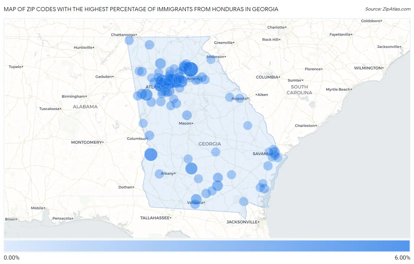 Zip Codes with the Highest Percentage of Immigrants from Honduras in Georgia Map