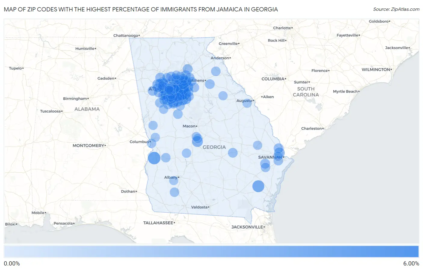 Zip Codes with the Highest Percentage of Immigrants from Jamaica in Georgia Map