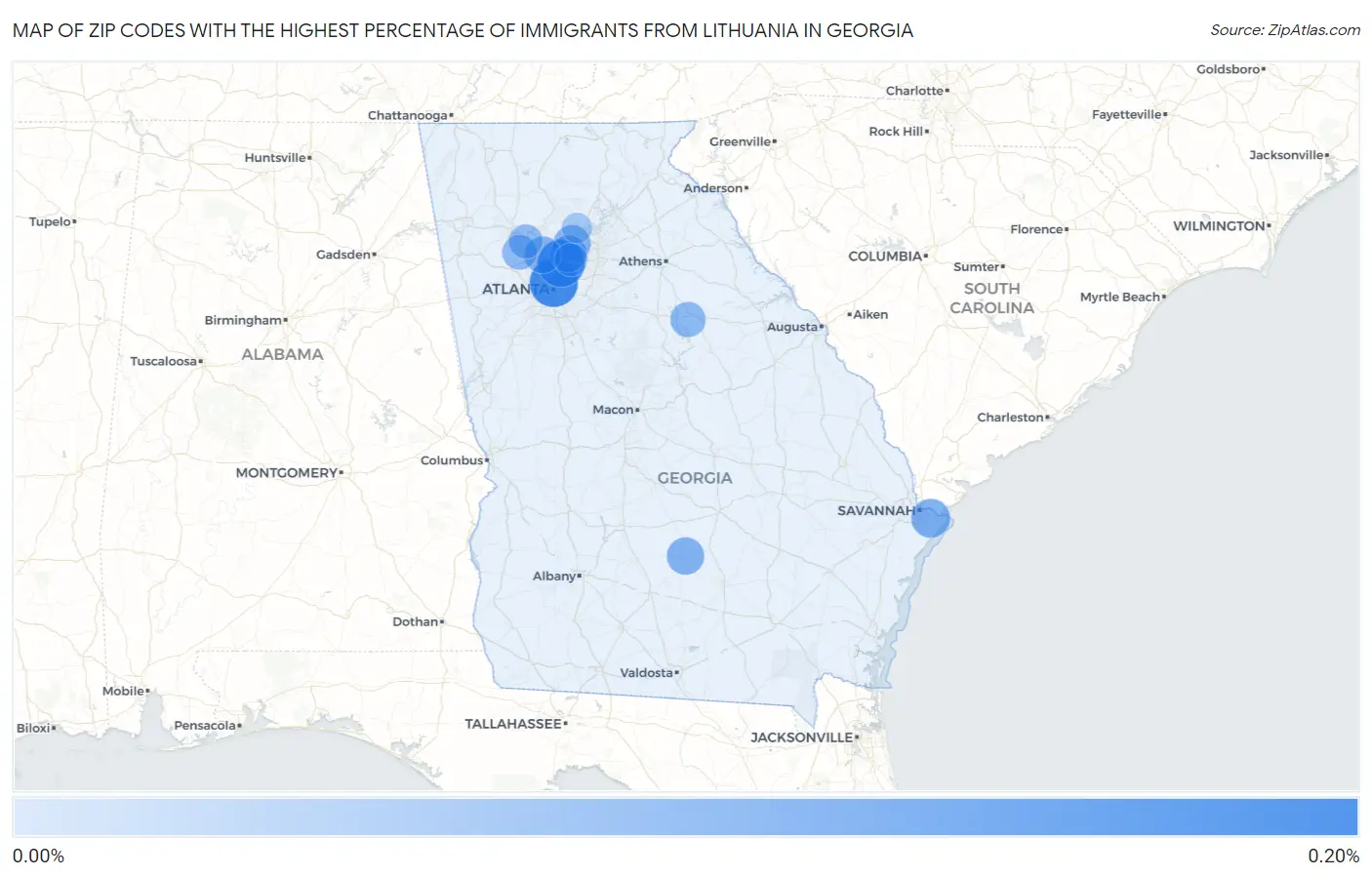 Zip Codes with the Highest Percentage of Immigrants from Lithuania in Georgia Map