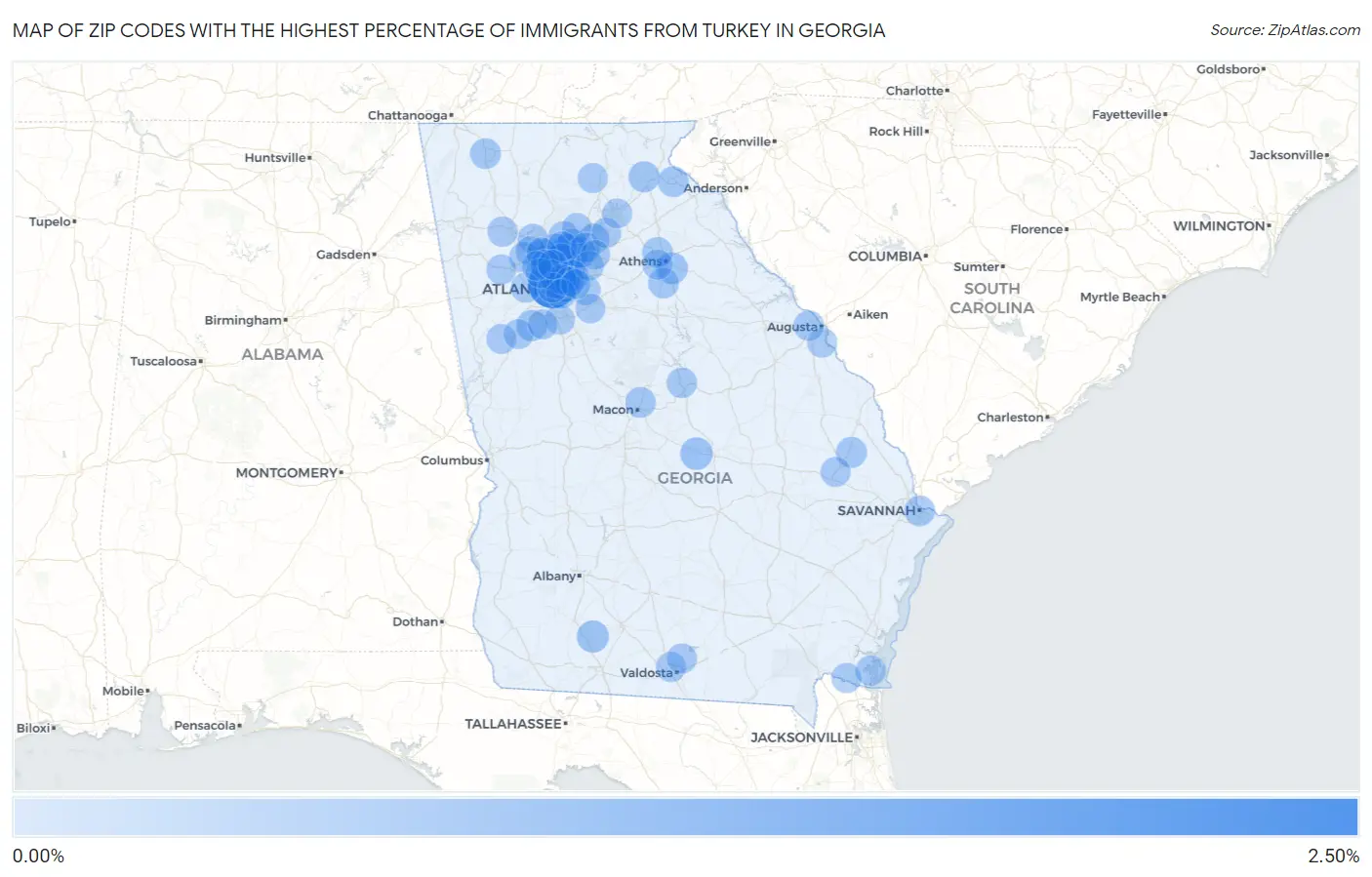 Zip Codes with the Highest Percentage of Immigrants from Turkey in Georgia Map