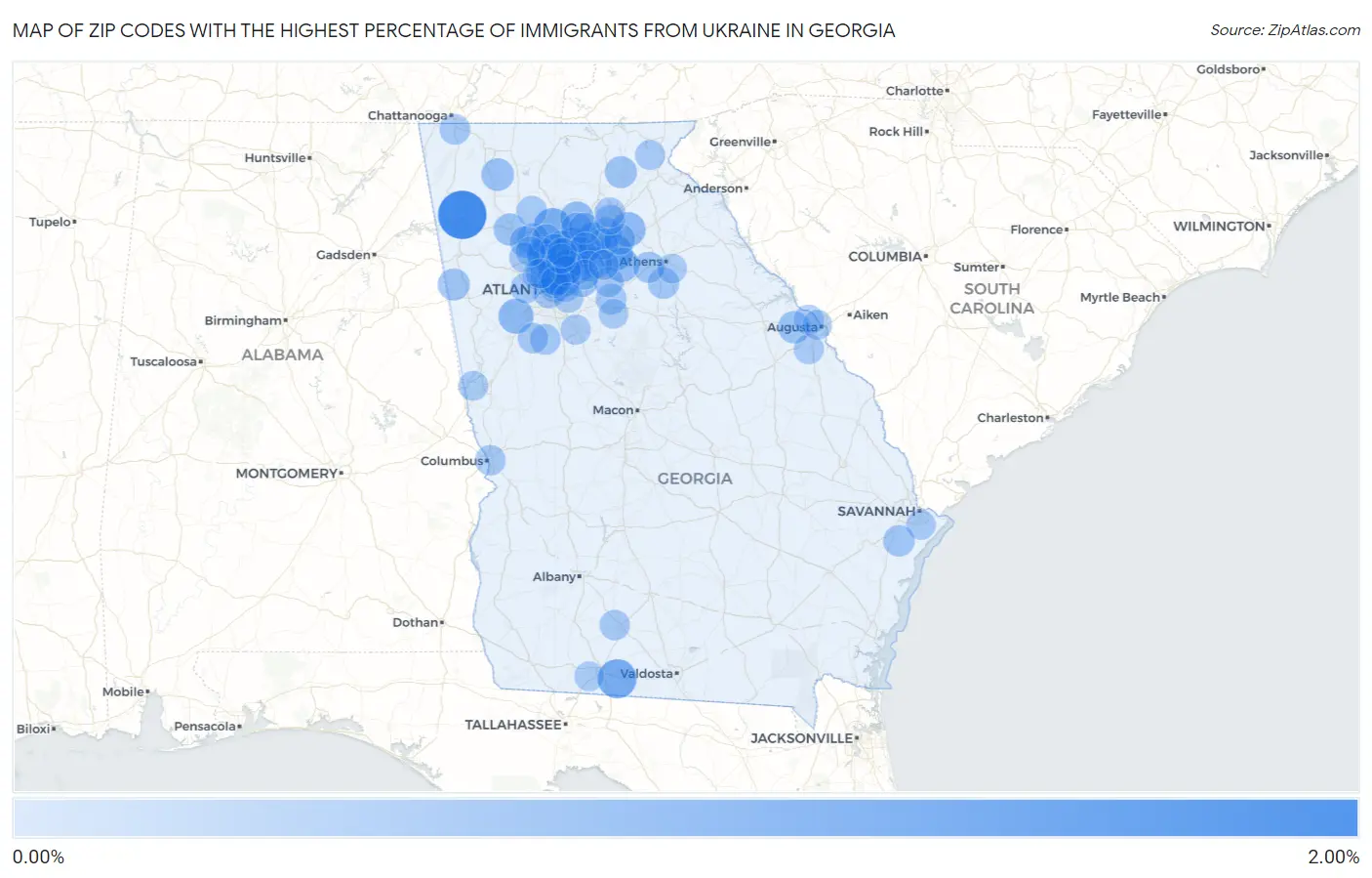 Zip Codes with the Highest Percentage of Immigrants from Ukraine in Georgia Map