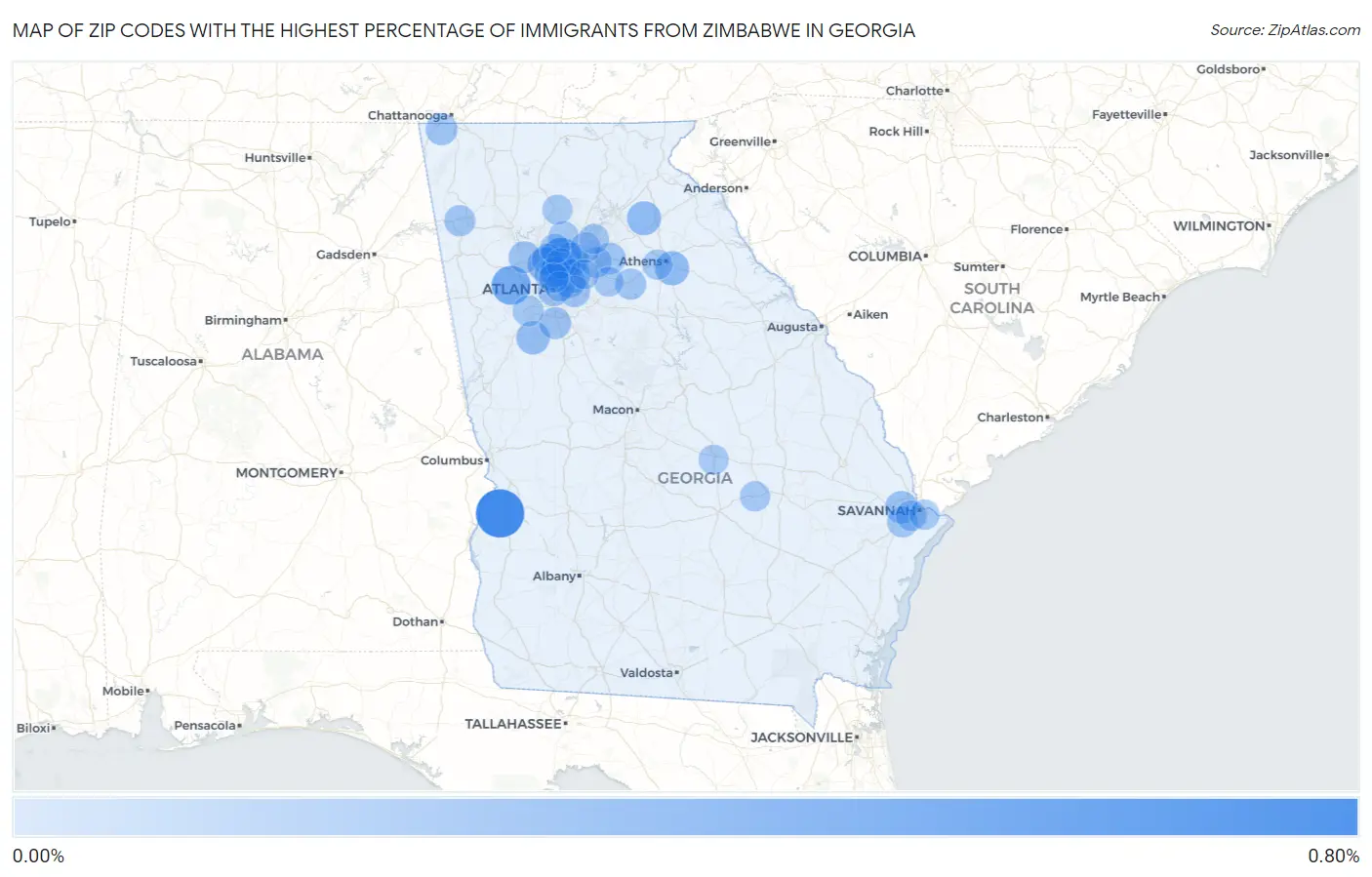 Zip Codes with the Highest Percentage of Immigrants from Zimbabwe in Georgia Map