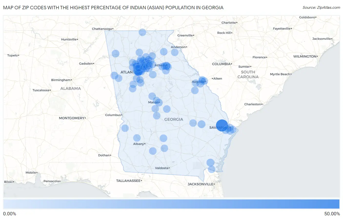 Zip Codes with the Highest Percentage of Indian (Asian) Population in Georgia Map