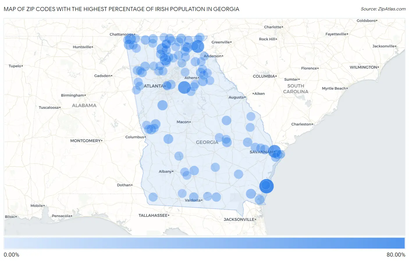 Zip Codes with the Highest Percentage of Irish Population in Georgia Map