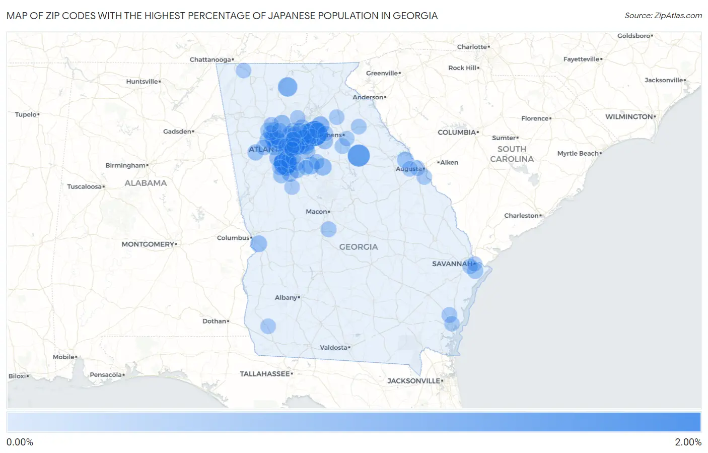 Zip Codes with the Highest Percentage of Japanese Population in Georgia Map