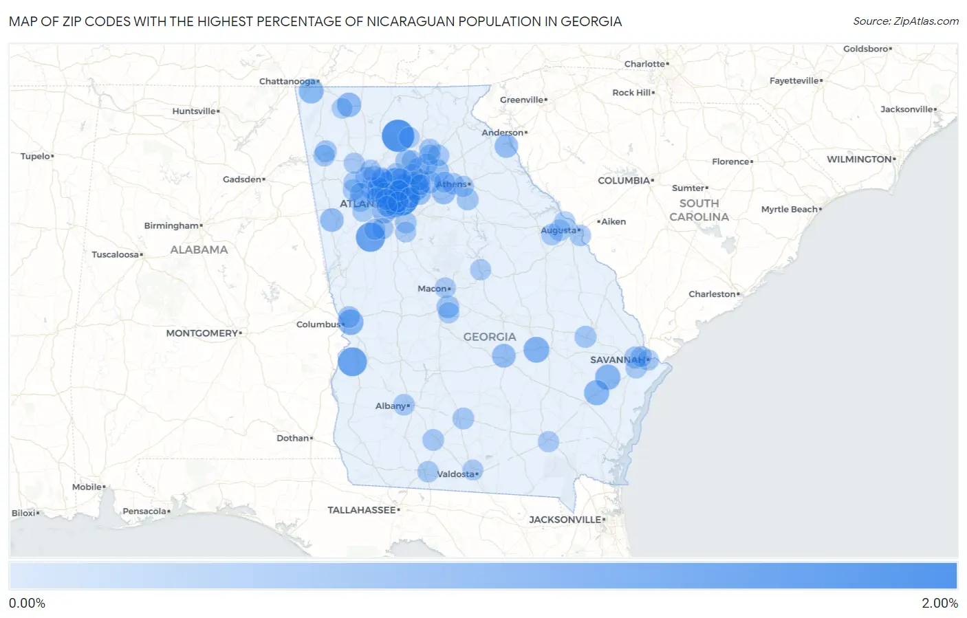 Zip Codes with the Highest Percentage of Nicaraguan Population in Georgia Map