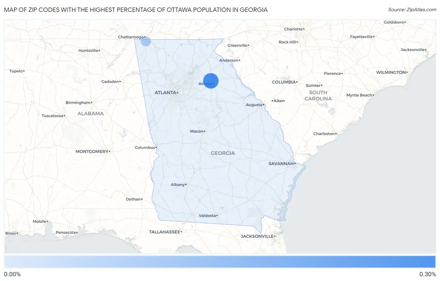Zip Codes with the Highest Percentage of Ottawa Population in Georgia Map
