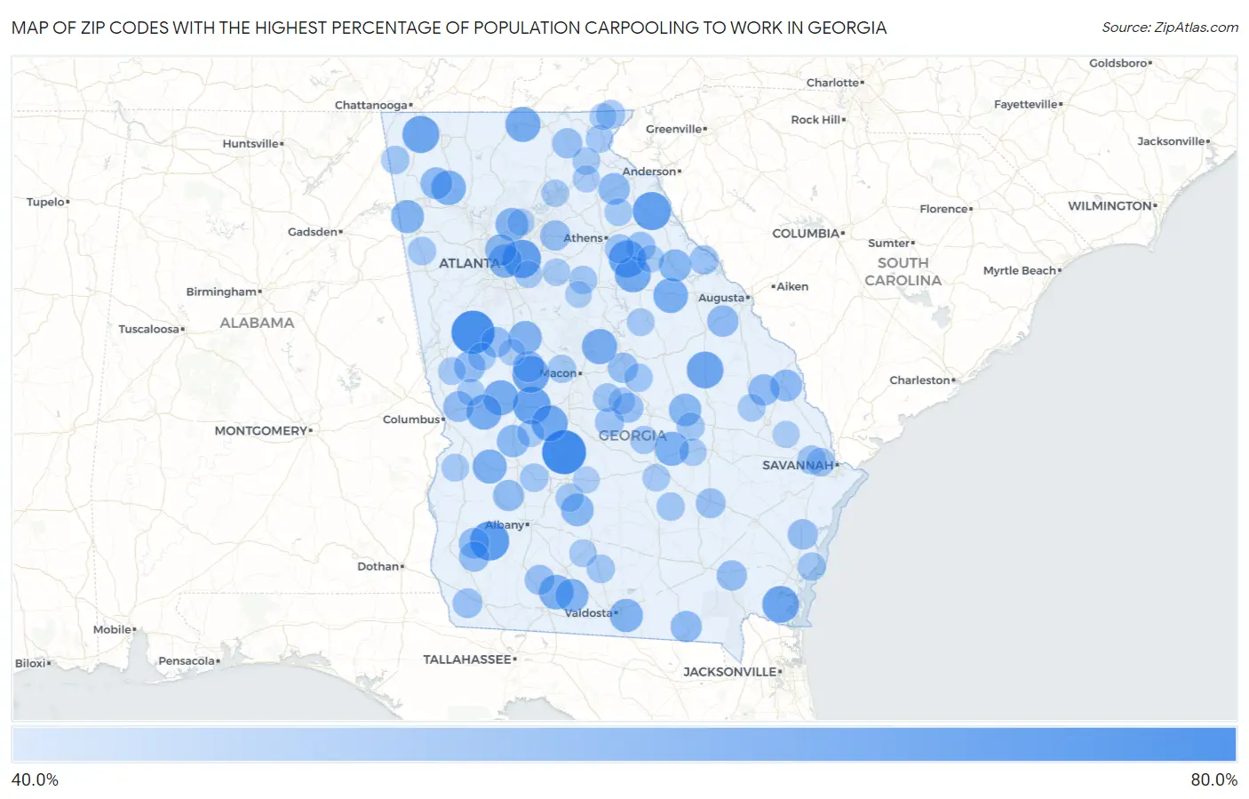 Zip Codes with the Highest Percentage of Population Carpooling to Work in Georgia Map
