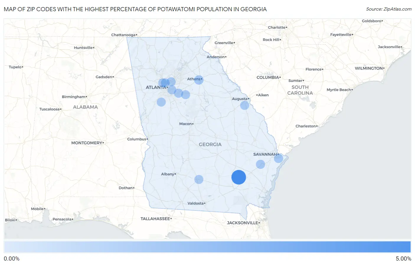 Zip Codes with the Highest Percentage of Potawatomi Population in Georgia Map