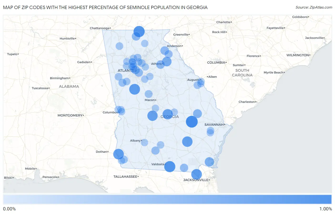 Zip Codes with the Highest Percentage of Seminole Population in Georgia Map