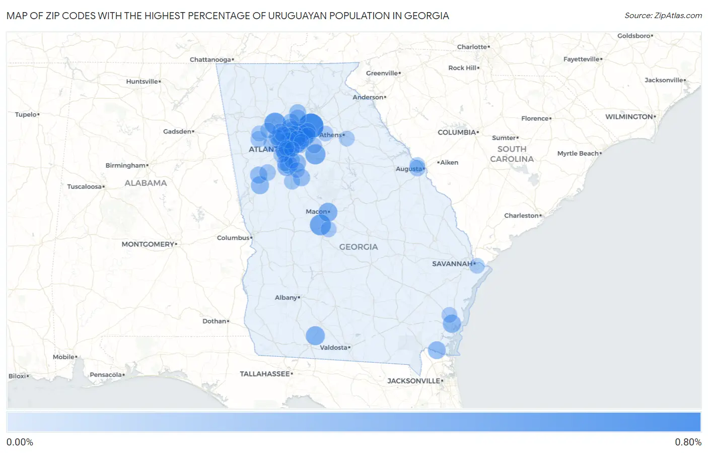 Zip Codes with the Highest Percentage of Uruguayan Population in Georgia Map