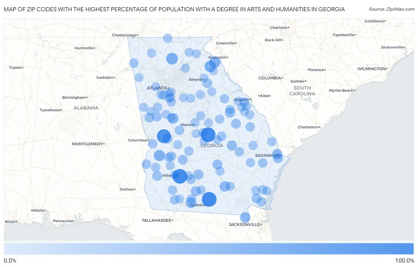Zip Codes with the Highest Percentage of Population with a Degree in Arts and Humanities in Georgia Map