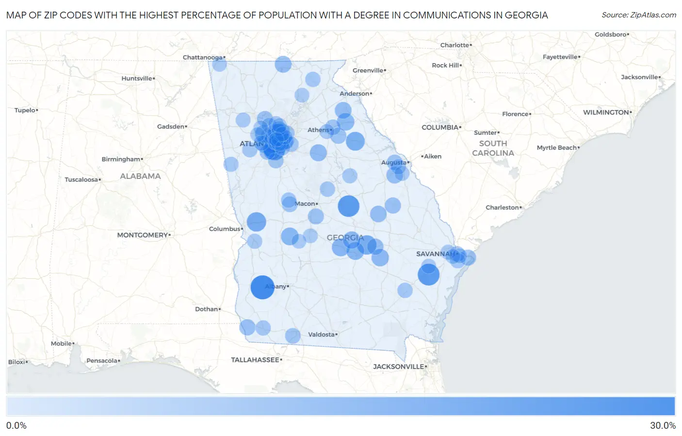 Zip Codes with the Highest Percentage of Population with a Degree in Communications in Georgia Map