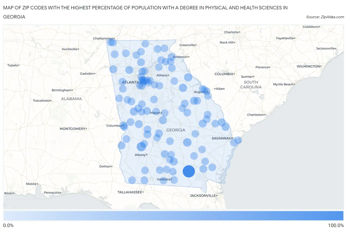 Zip Codes with the Highest Percentage of Population with a Degree in Physical and Health Sciences in Georgia Map