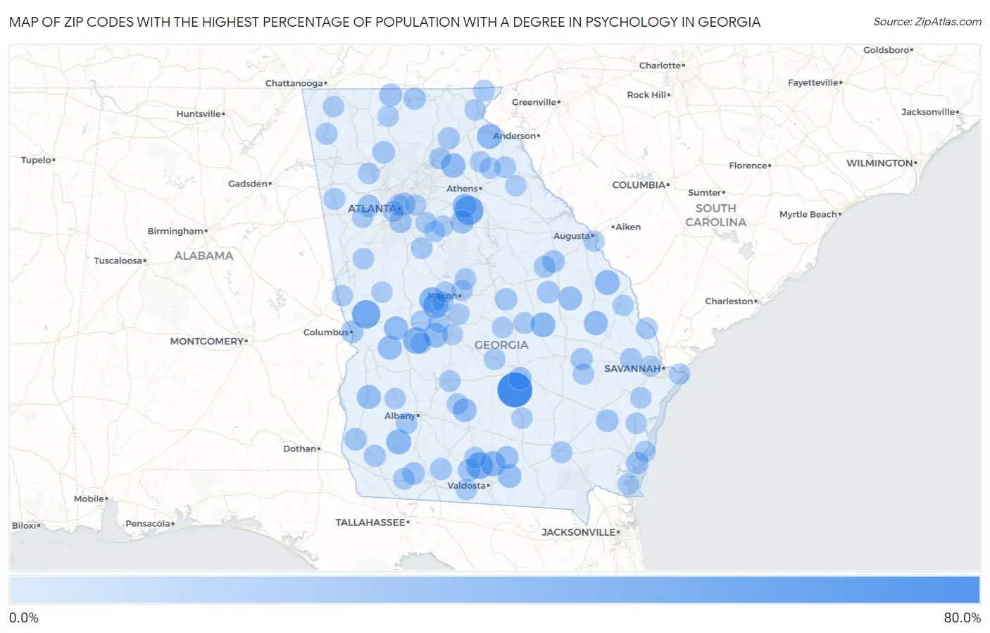 Zip Codes with the Highest Percentage of Population with a Degree in Psychology in Georgia Map