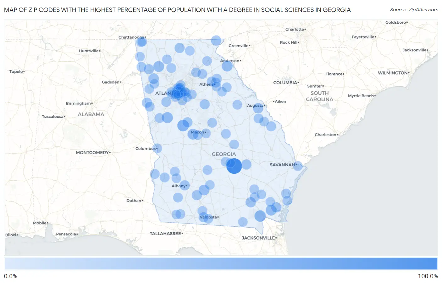 Zip Codes with the Highest Percentage of Population with a Degree in Social Sciences in Georgia Map