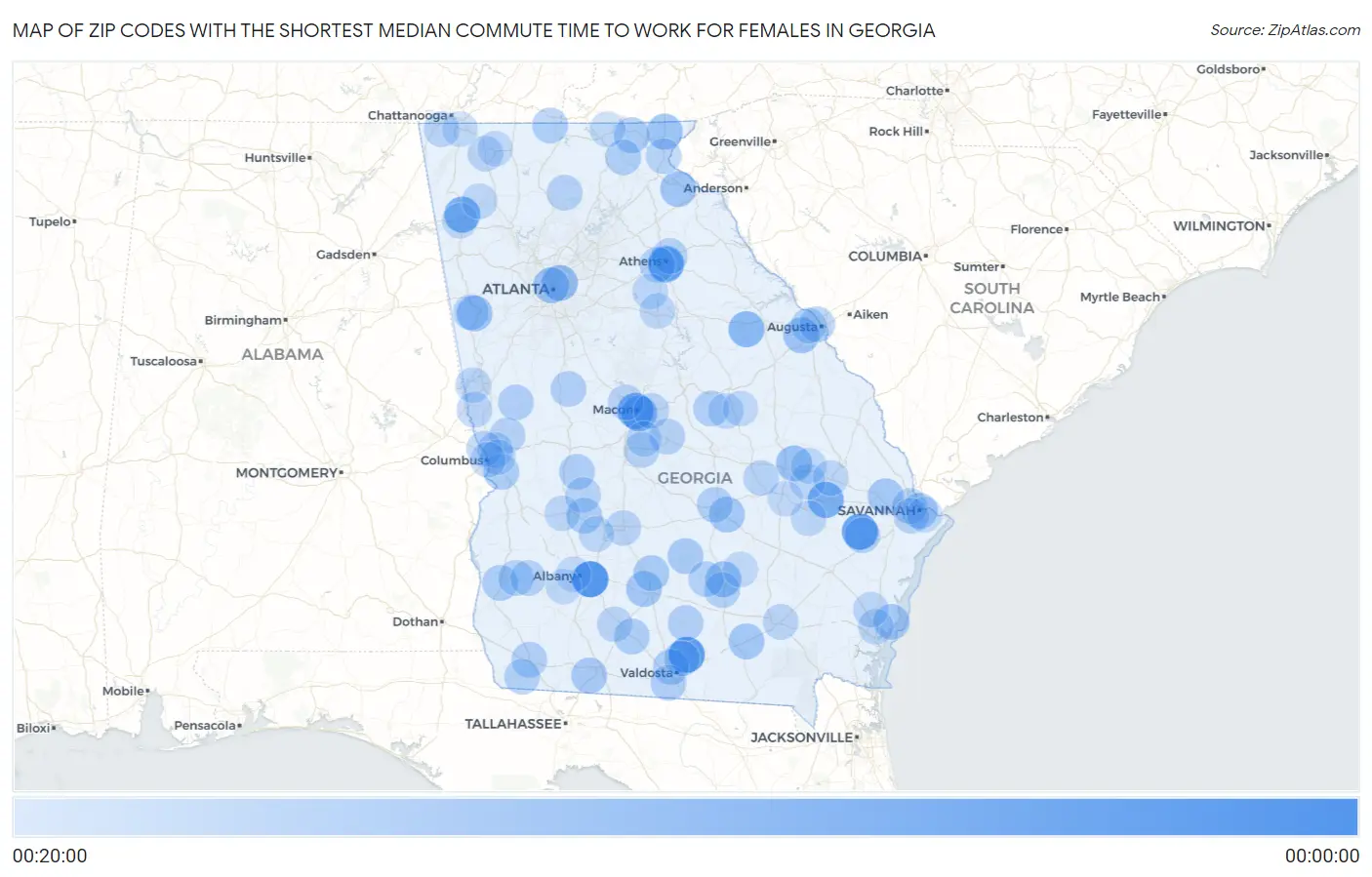 Zip Codes with the Shortest Median Commute Time to Work for Females in Georgia Map