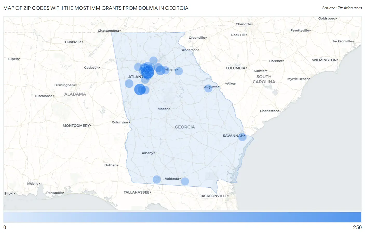 Zip Codes with the Most Immigrants from Bolivia in Georgia Map