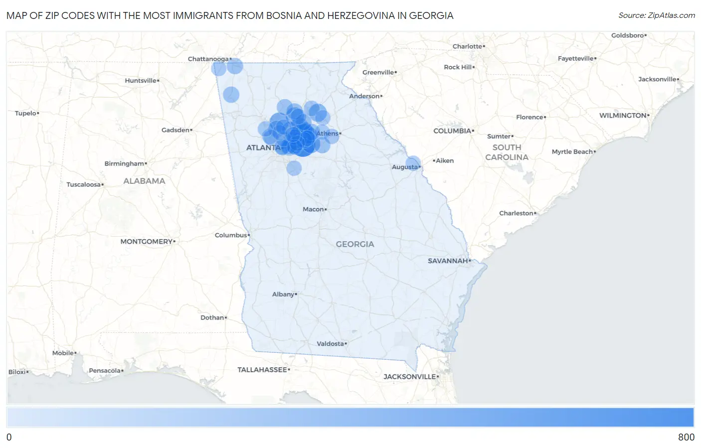 Zip Codes with the Most Immigrants from Bosnia and Herzegovina in Georgia Map