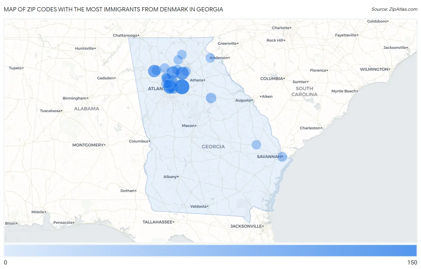 Zip Codes with the Most Immigrants from Denmark in Georgia Map