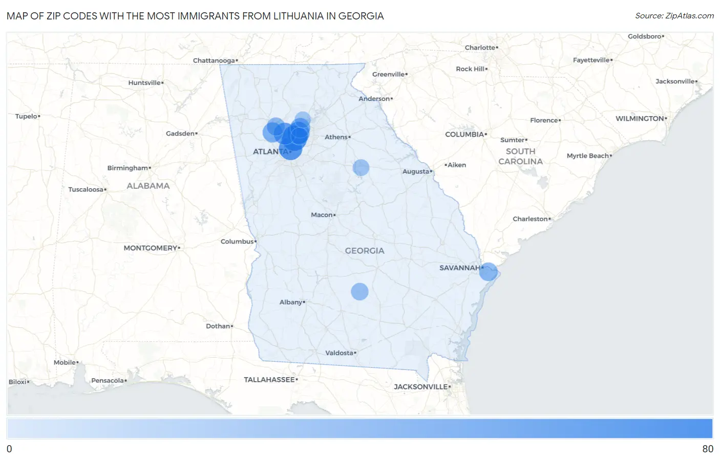 Zip Codes with the Most Immigrants from Lithuania in Georgia Map