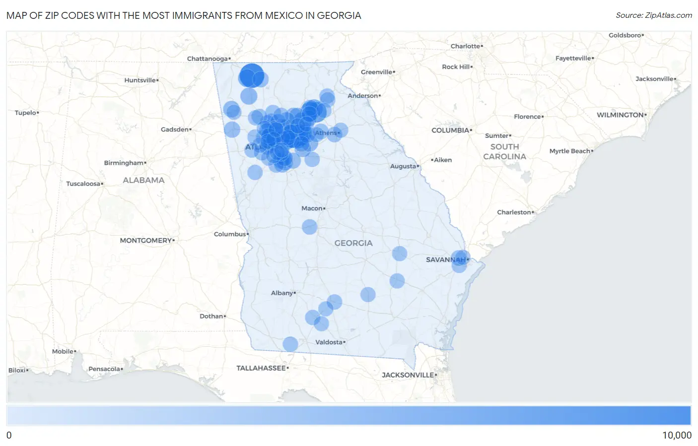 Zip Codes with the Most Immigrants from Mexico in Georgia Map